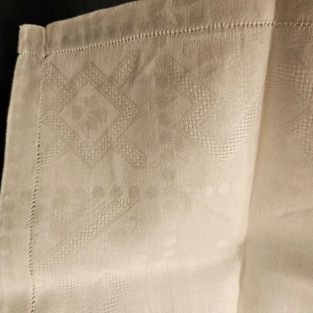 Vintage Cream Linen Napkins Hand Embroidered Fruit Damask Hemstitched Set of 2